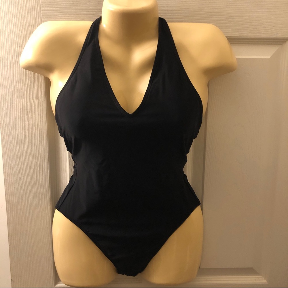 ANNE COLE Black One-Piece Halter Designer Swimsuit Size 8 Classic Luxury